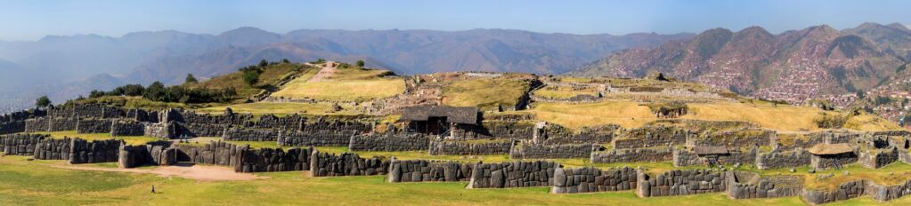 Panoramic view of the walls of the complex of Sacsayhuaman, Cuzco, Peru.