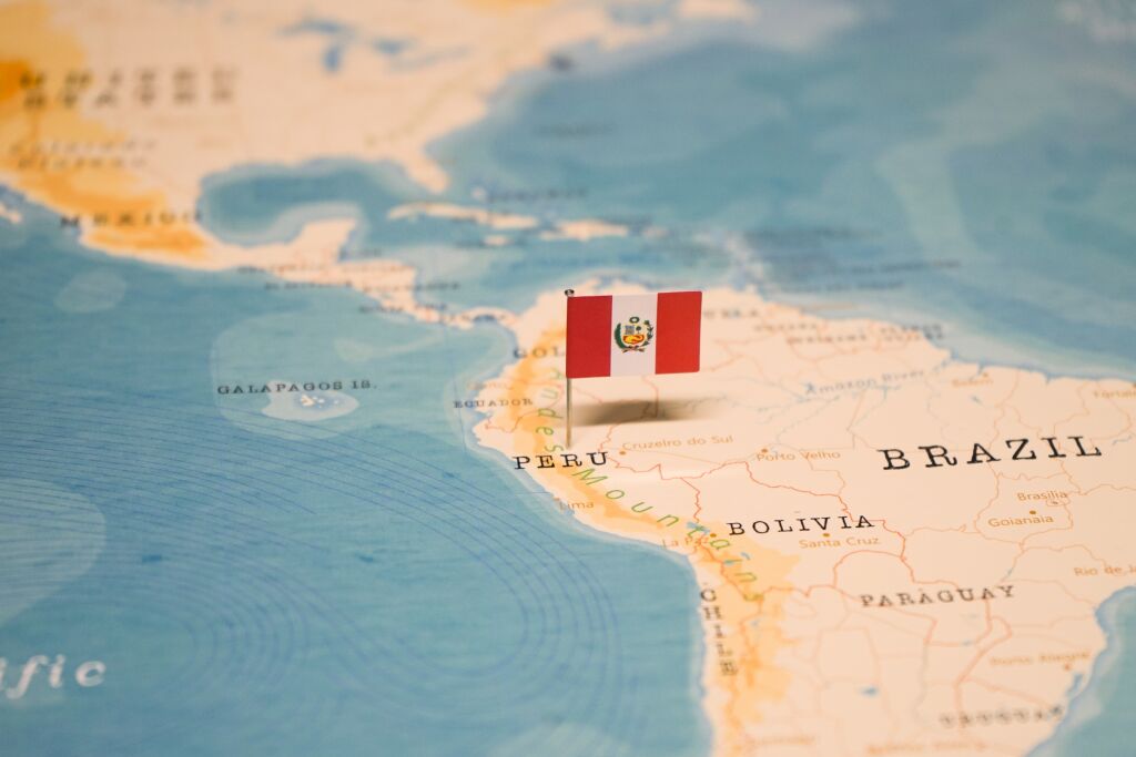 The Flag of Peru on the World Map.